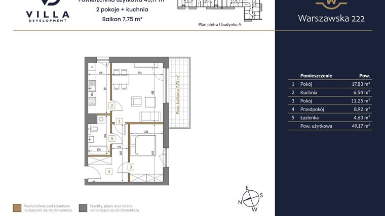 Rzut - Mieszkanie na sprzedaż 2 pokoje o powierzchni 49,17 m² - numer 12A w Warszawska 222