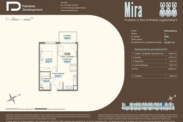 Rzut - Mieszkanie na sprzedaż 2 pokoje o powierzchni 43,02 m² - numer A.008 w Mira