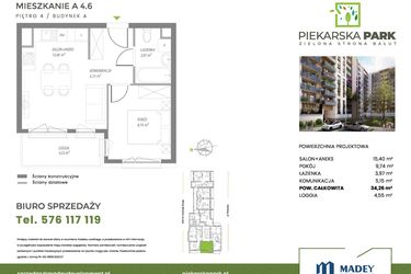 Rzut - Mieszkanie na sprzedaż 2 pokoje o powierzchni 34,26 m² - numer A4.6 w Piekarska Park