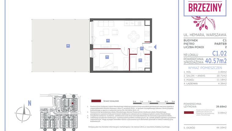 Rzut - Mieszkanie na sprzedaż 2 pokoje o powierzchni 40,57 m² - numer C1.02 w Miasteczko Brzeziny II