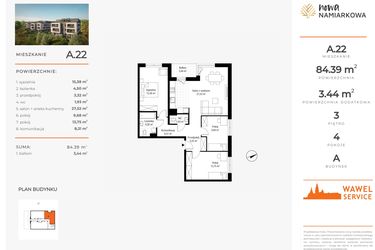 Rzut - Mieszkanie na sprzedaż 4 pokoje o powierzchni 84,39 m² - numer A.22 w Nowa Namiarkowa