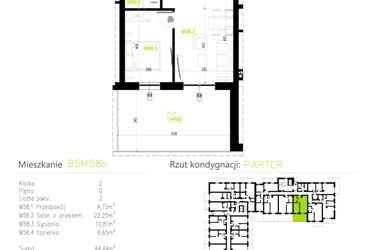 Rzut - Mieszkanie na sprzedaż 2 pokoje o powierzchni 44,44 m² - numer B5M58b w Osiedle Natura Park etap II