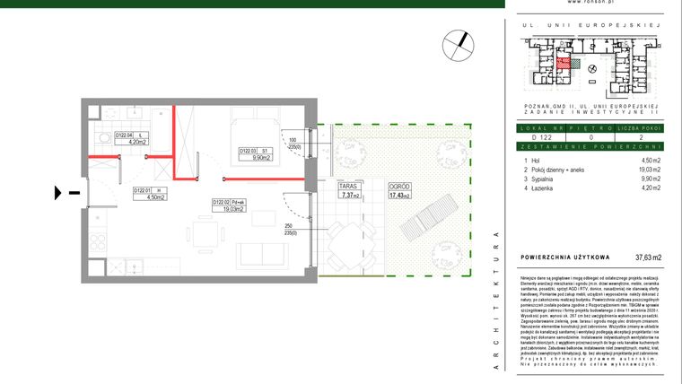 Rzut - Mieszkanie na sprzedaż 2 pokoje o powierzchni 37,63 m² - numer D122 w Grunwald Między Drzewami etap III