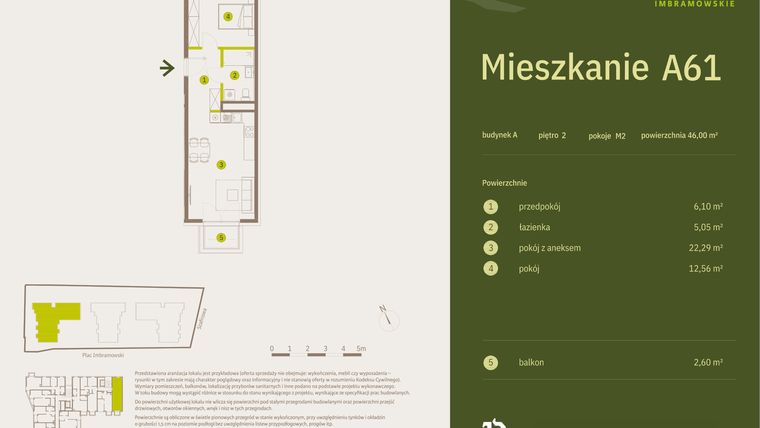 Rzut - Mieszkanie na sprzedaż 2 pokoje o powierzchni 46 m² - numer A61 w Osiedle Imbramowskie