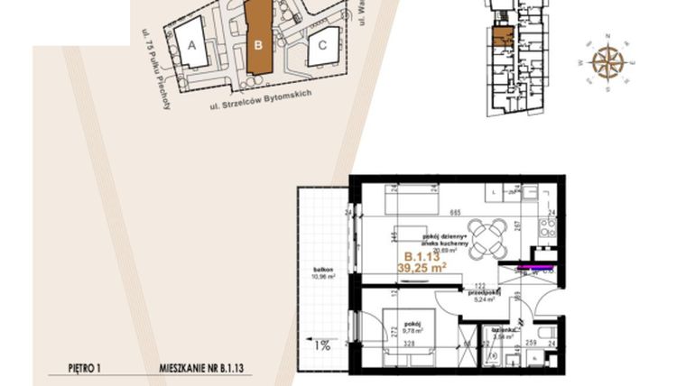 Rzut - Mieszkanie na sprzedaż 2 pokoje o powierzchni 39,25 m² - numer B.1.13 w Vanda Park