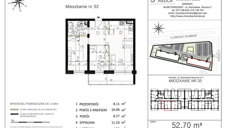 Rzut - Mieszkanie na sprzedaż 3 pokoje o powierzchni 52,7 m² - numer M33 w Staszica