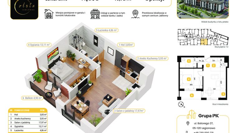 Rzut - Mieszkanie na sprzedaż 2 pokoje o powierzchni 45,72 m² - numer 2M03 w Złota Jabłonna