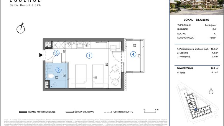 Rzut - Mieszkanie na sprzedaż 1 pokój o powierzchni 26,7 m² - numer B1.A.00.09 w ESSENSE Baltic Resort&SPA 2 - apartamenty inwestycyjne