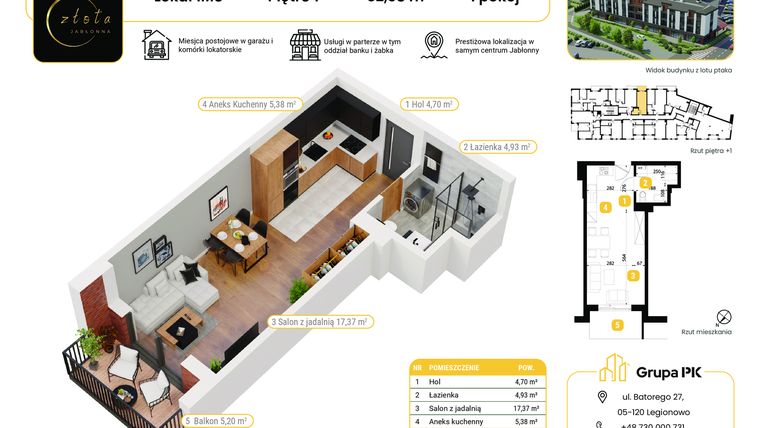 Rzut - Mieszkanie na sprzedaż 1 pokój o powierzchni 32,38 m² - numer 1M08 w Złota Jabłonna