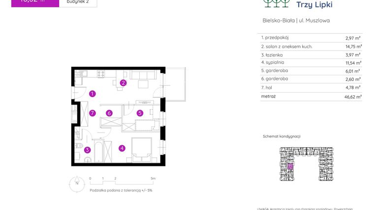 Rzut - Mieszkanie na sprzedaż 2 pokoje o powierzchni 46,62 m² - numer 2.A.1.12 w Murapol Trzy Lipki etap II
