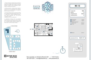 Rzut - Mieszkanie na sprzedaż 2 pokoje o powierzchni 36,61 m² - numer 13 w Piasta Towers bud. 90A