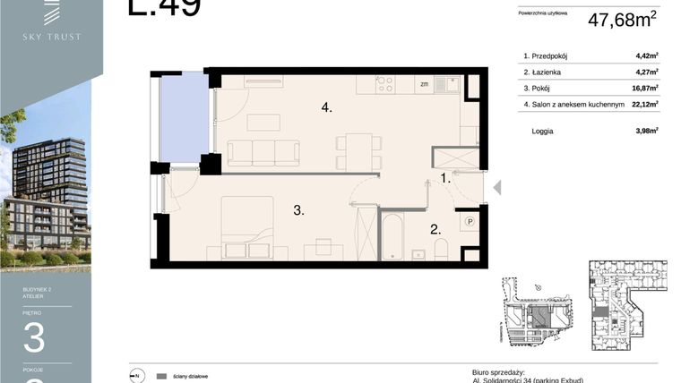 Rzut - Mieszkanie na sprzedaż 2 pokoje o powierzchni 47,68 m² - numer L49 w Sky Trust etap II - apartamenty inwestycyjne 23% VAT PRS