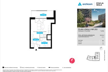Rzut - Mieszkanie na sprzedaż 1 pokój o powierzchni 30,09 m² - numer B3.253 w Stacja Wola - Etap III