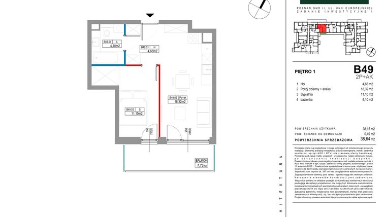 Rzut - Mieszkanie na sprzedaż 2 pokoje o powierzchni 38,64 m² - numer B049 w Grunwald Między Drzewami etap II