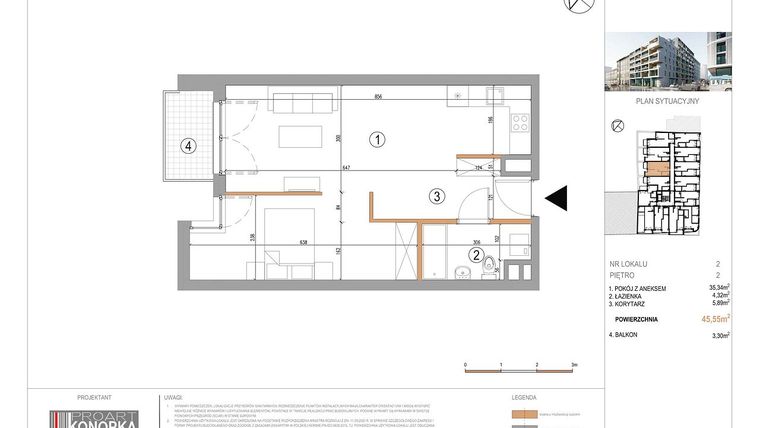 Rzut - Mieszkanie na sprzedaż 1 pokój o powierzchni 45,55 m² - numer A2/2 w 5th Avenue Apartments