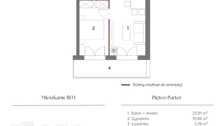 Rzut - Mieszkanie na sprzedaż 2 pokoje o powierzchni 38,66 m² - numer B03 w Dąbrowskiego 9