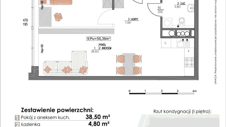 Rzut - Mieszkanie na sprzedaż 2 pokoje o powierzchni 50,36 m² - numer B1.9 w Przędzalniana 64 przy Księżym Młynie