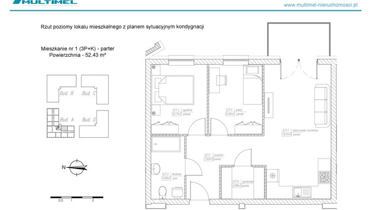 Rzut - Mieszkanie na sprzedaż 3 pokoje o powierzchni 52,43 m² - numer 1A w Dominów Rynek
