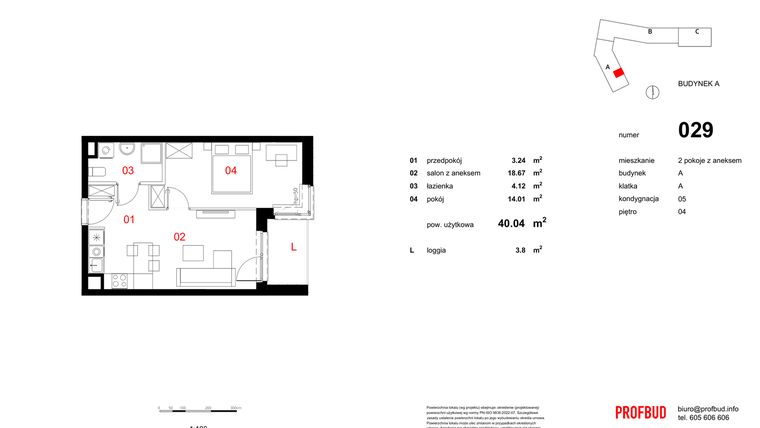 Rzut - Mieszkanie na sprzedaż 2 pokoje o powierzchni 40,04 m² - numer 029 w Osiedle Mocha Tower