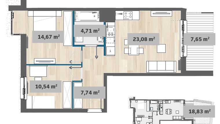 Rzut - Mieszkanie na sprzedaż 3 pokoje o powierzchni 60,72 m² - numer F1.E.00.01 w Sady Żoliborz