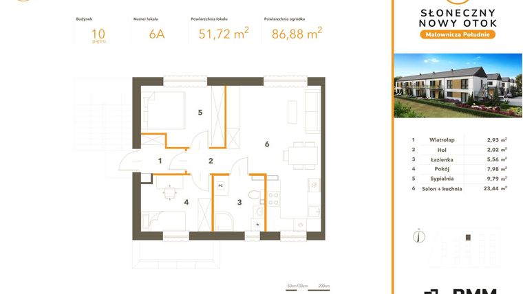 Rzut - Mieszkanie na sprzedaż 3 pokoje o powierzchni 51,72 m² - numer 6A w Słoneczny Nowy Otok - Malownicza Południe etap III