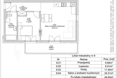 Rzut - Mieszkanie na sprzedaż 2 pokoje o powierzchni 49,6 m² - numer 8 w Apartamenty Jasińskiego