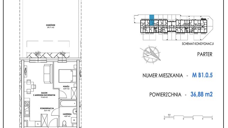 Rzut - Mieszkanie na sprzedaż 2 pokoje o powierzchni 36,88 m² - numer B1.0.5 w Apartamenty Nowe Miasto