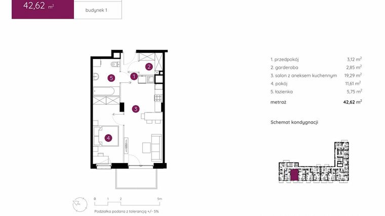 Rzut - Mieszkanie na sprzedaż 2 pokoje o powierzchni 42,62 m² - numer 1.B.8.04 w Murapol Urcity