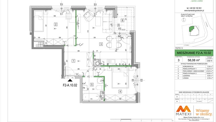 Rzut - Mieszkanie na sprzedaż 3 pokoje o powierzchni 58,07 m² - numer F2-A.10.02 w Kameralny Prokocim 2