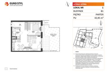 Rzut - Mieszkanie na sprzedaż 2 pokoje o powierzchni 42,85 m² - numer 1 w Leśna Góra