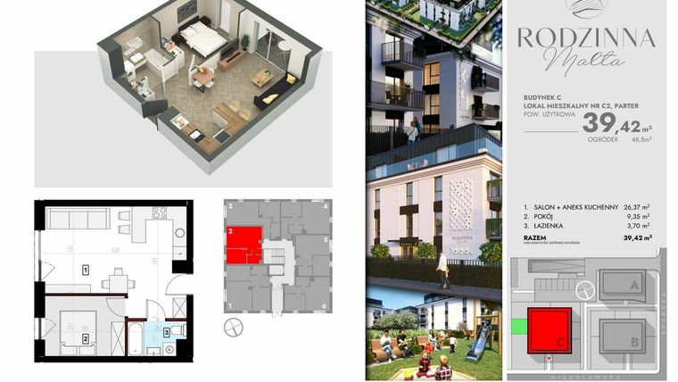 Rzut - Mieszkanie na sprzedaż 2 pokoje o powierzchni 39,42 m² - numer C2 w Rodzinna Malta