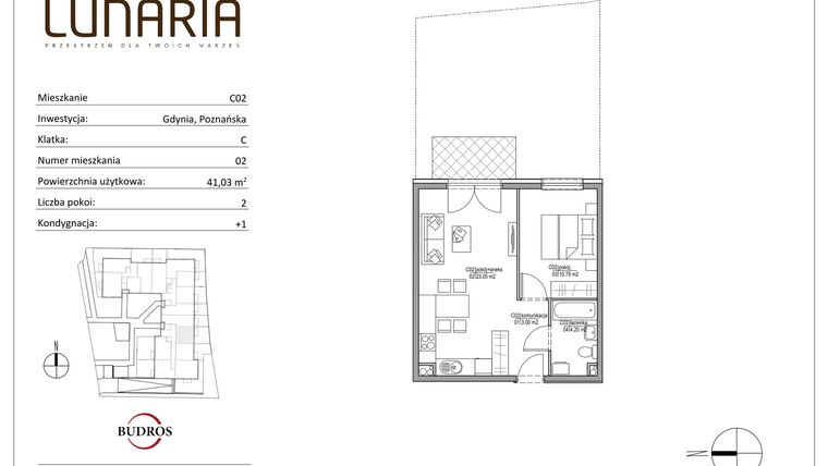 Rzut - Mieszkanie na sprzedaż 2 pokoje o powierzchni 41,03 m² - numer C02 w Lunaria