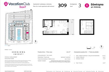 Rzut - Mieszkanie na sprzedaż 1 pokój o powierzchni 31,2 m² - numer 309 w VacationClub Resort