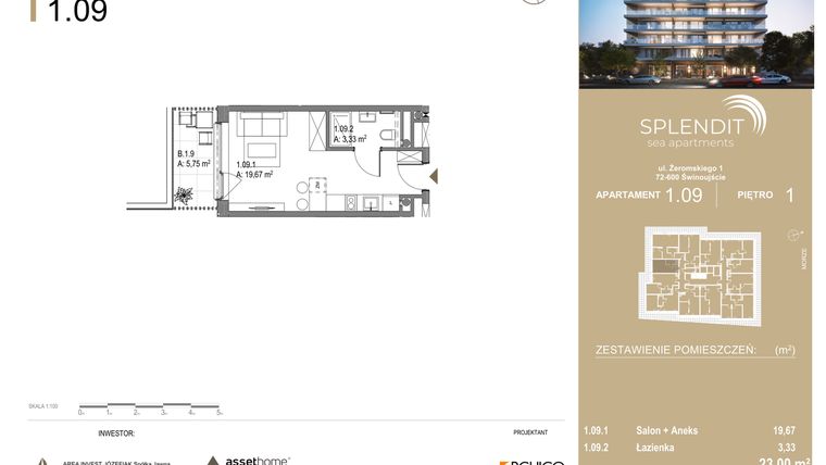 Rzut - Mieszkanie na sprzedaż 1 pokój o powierzchni 23 m² - numer 1.9 w Splendit Świnoujście