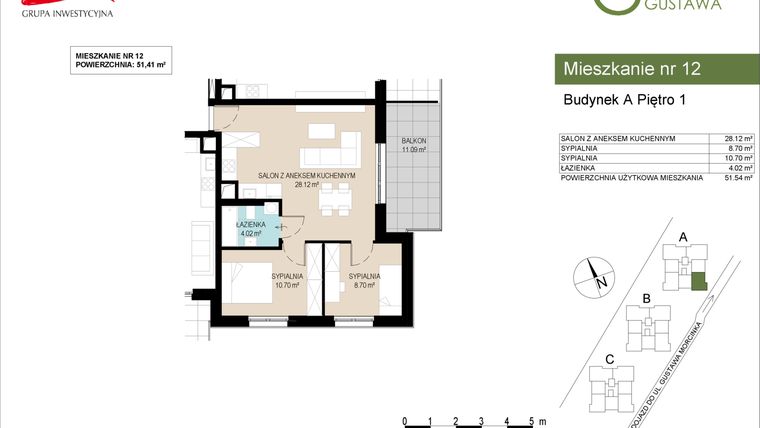 Rzut - Mieszkanie na sprzedaż 3 pokoje o powierzchni 51,54 m² - numer A12 w Wzgórze Gustawa