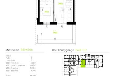 Rzut - Mieszkanie na sprzedaż 2 pokoje o powierzchni 44,5 m² - numer B5M56b w Osiedle Natura Park etap II