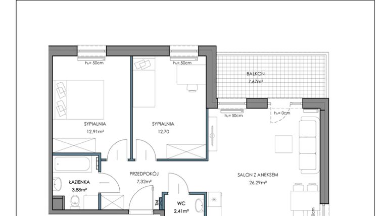 Rzut - Mieszkanie na sprzedaż 3 pokoje o powierzchni 65,56 m² - numer 1E.25A w Osiedle Horizon