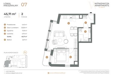 Rzut - Mieszkanie na sprzedaż 2 pokoje o powierzchni 45,71 m² - numer 7 w Witkiewicza Apartments