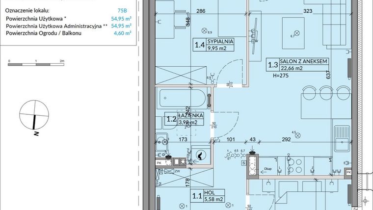 Rzut - Mieszkanie na sprzedaż 3 pokoje o powierzchni 54,95 m² - numer 75B w Osiedle Młodych etap VII