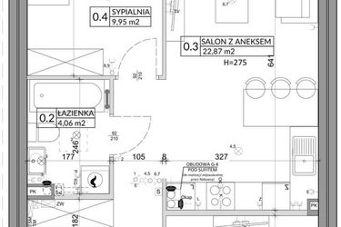 Rzut - Mieszkanie na sprzedaż 3 pokoje o powierzchni 57,39 m² - numer 64A w Osiedle Młodych etap X