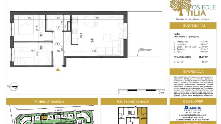 Rzut - Mieszkanie na sprzedaż 3 pokoje o powierzchni 55 m² - numer A2/0/1 w Osiedle Tilia
