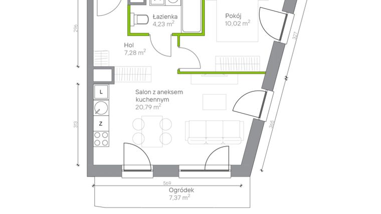 Rzut - Mieszkanie na sprzedaż 2 pokoje o powierzchni 42,32 m² - numer A.0.9 w Jesionowa Vita
