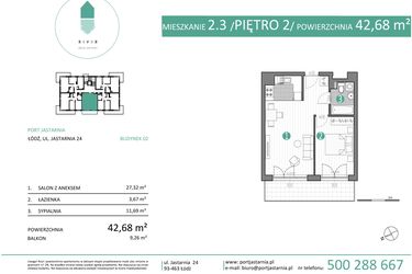 Rzut - Mieszkanie na sprzedaż 2 pokoje o powierzchni 42,68 m² - numer 02.2.3 w Port Jastarnia bud. 02, 03
