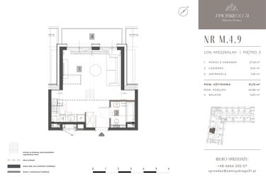 Rzut - Mieszkanie na sprzedaż 1 pokój o powierzchni 31,72 m² - numer M.4.9 w Zamoyskiego 31