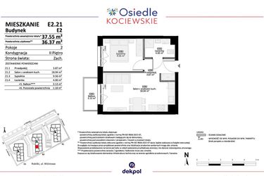 Rzut - Mieszkanie na sprzedaż 2 pokoje o powierzchni 36,37 m² - numer E2.21 w Osiedle Kociewskie bud. E