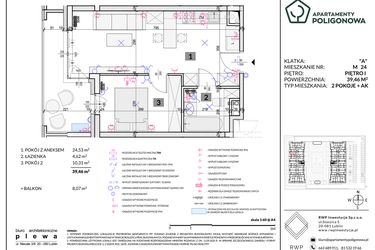 Rzut - Mieszkanie na sprzedaż 2 pokoje o powierzchni 39,46 m² - numer 24 w Apartamenty Poligonowa etap 5