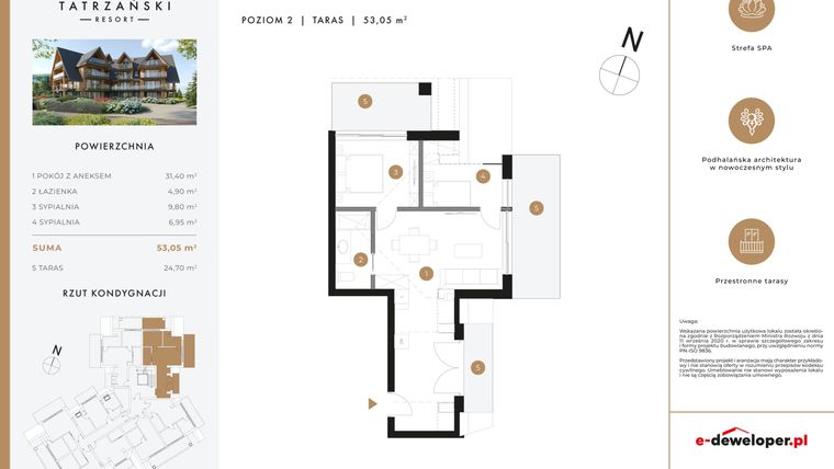 Rzut - Mieszkanie na sprzedaż 3 pokoje o powierzchni 53,23 m² - numer A18 w Tatrzański Resort