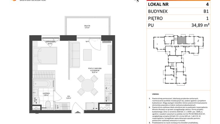 Rzut - Mieszkanie na sprzedaż 1 pokój o powierzchni 34,89 m² - numer 4 w Locus 2