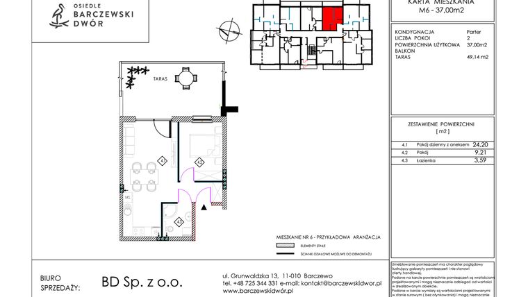 Rzut - Mieszkanie na sprzedaż 2 pokoje o powierzchni 37 m² - numer M6 w Osiedle Barczewski Dwór etap III