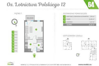 Rzut - Mieszkanie na sprzedaż 1 pokój o powierzchni 27,37 m² - numer 64 w Os. Lotnictwa Polskiego 12